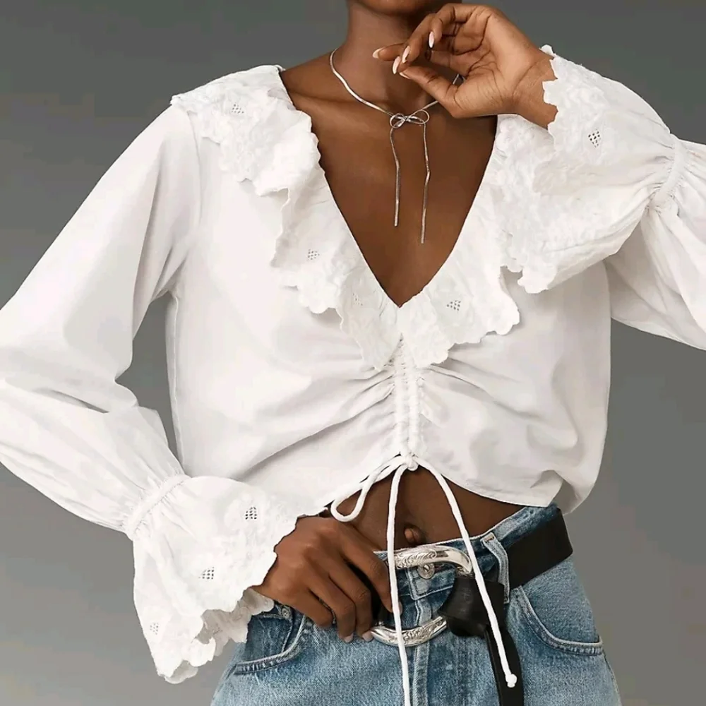 Maeve White Ruffled V-Neck Drawstring Blouse